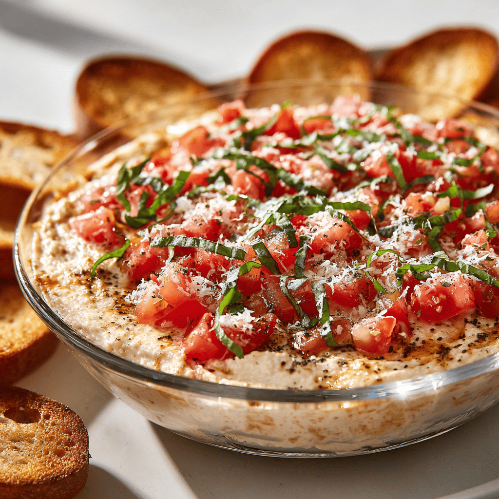 Bruschetta dip in a dish on a clean surface showing all ingredients clearly.