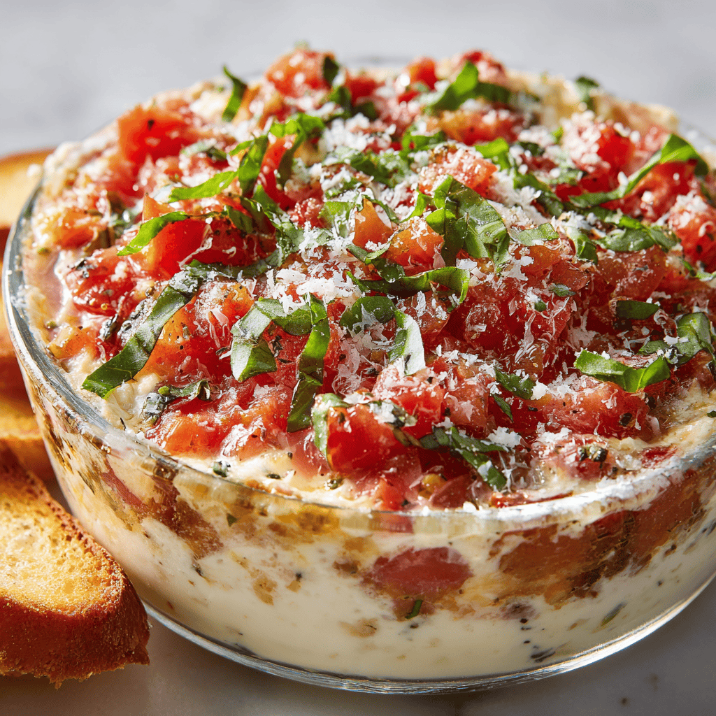 Angled view of bruschetta dip layered with tomatoes, basil, and parmesan.