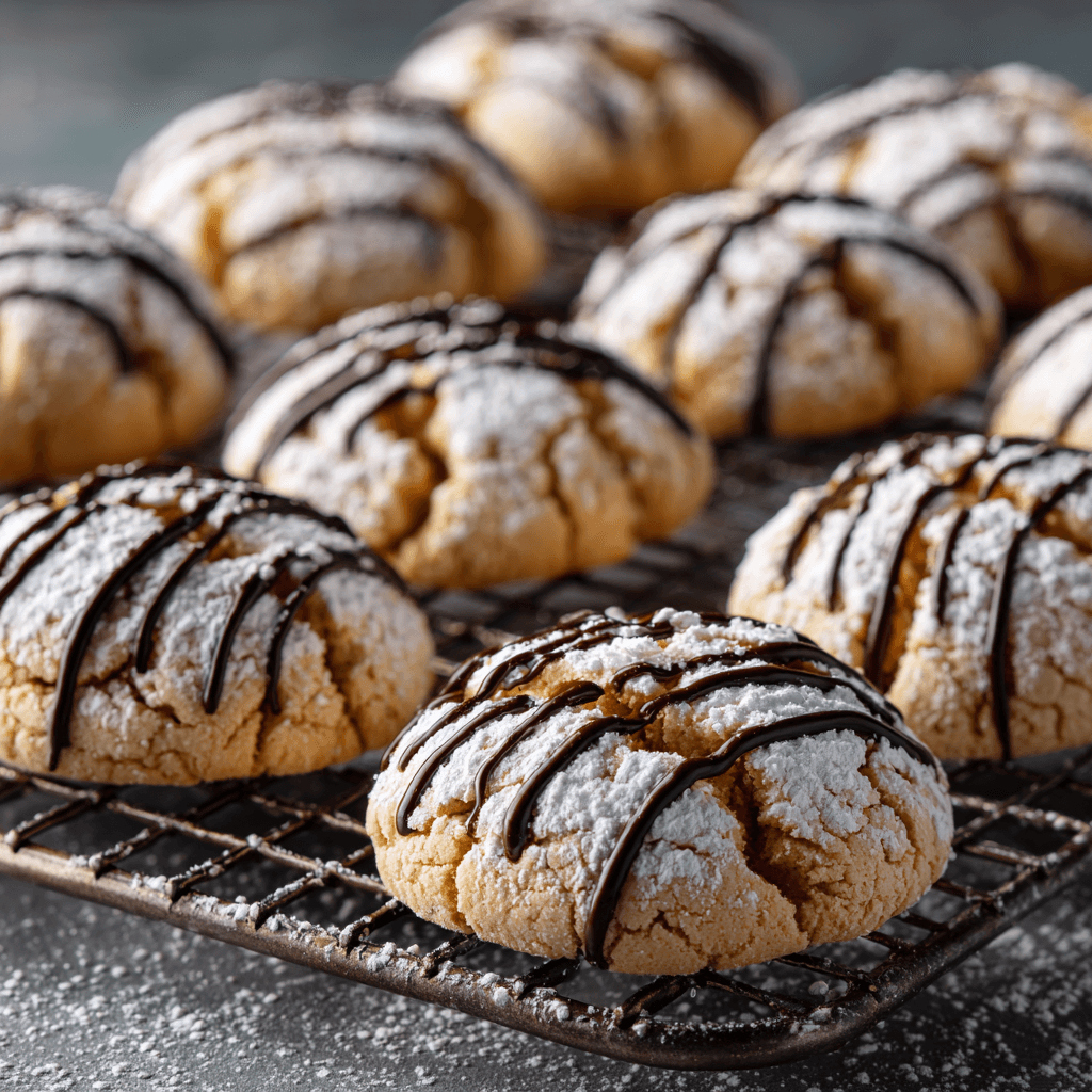 Cannoli cookies with powdered sugar and chocolate drizzle on a cooling rack.
