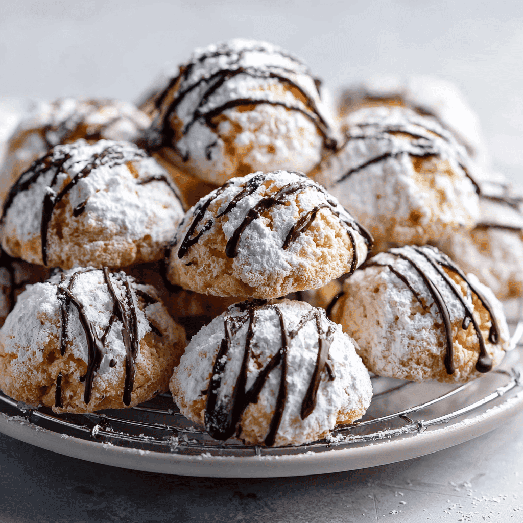 Cannoli cookies coated in powdered sugar with chocolate drizzle on a clean surface.