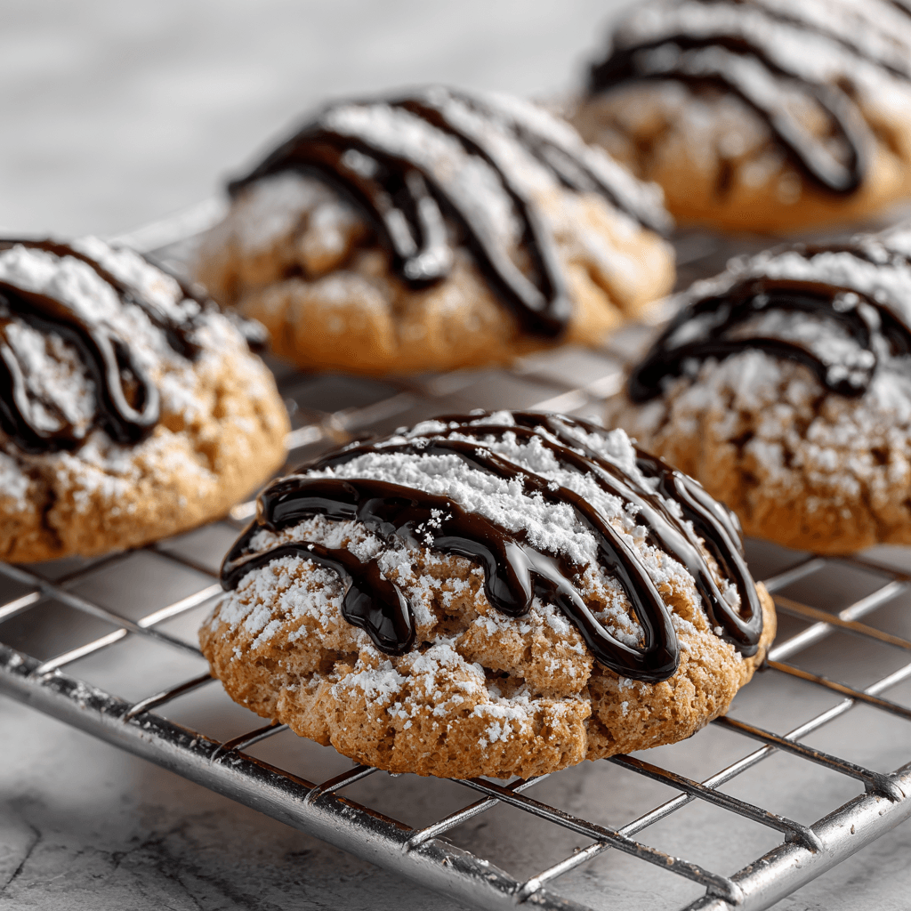 Cannoli cookies dusted with powdered sugar and drizzled with chocolate at a slight angle.