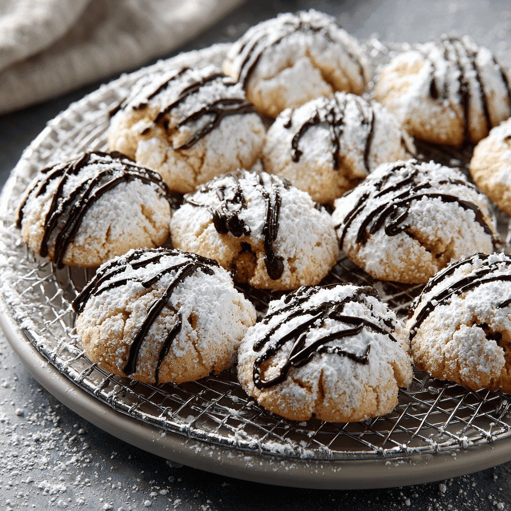 Finished cannoli cookies with chocolate drizzle and powdered sugar.