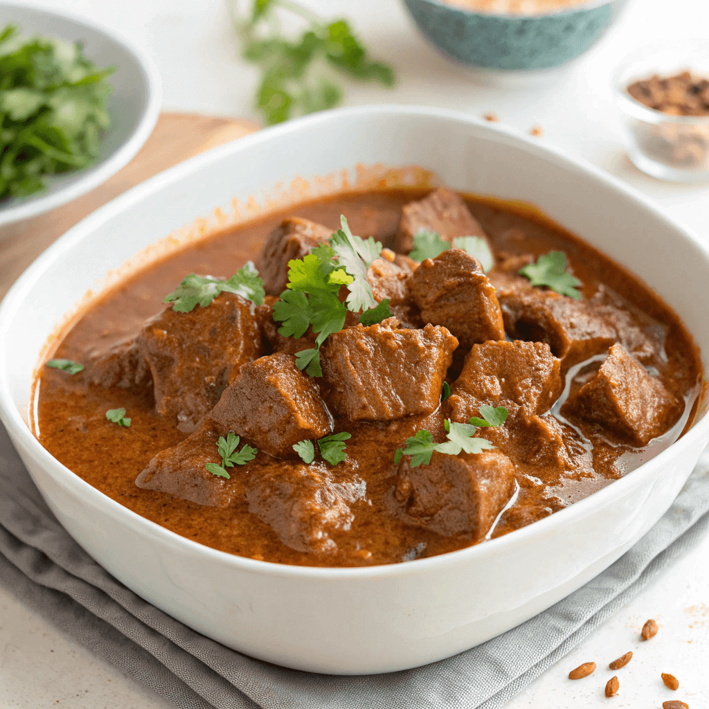 Carne guisada in a serving bowl showing beef cubes in rich gravy with cilantro.