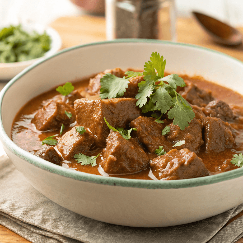Carne guisada with tender beef cubes in rich gravy topped with cilantro in a bowl.