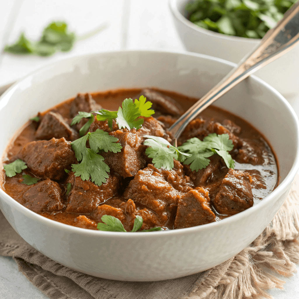 Carne guisada shown from a slight angle with cilantro garnish and thick gravy.