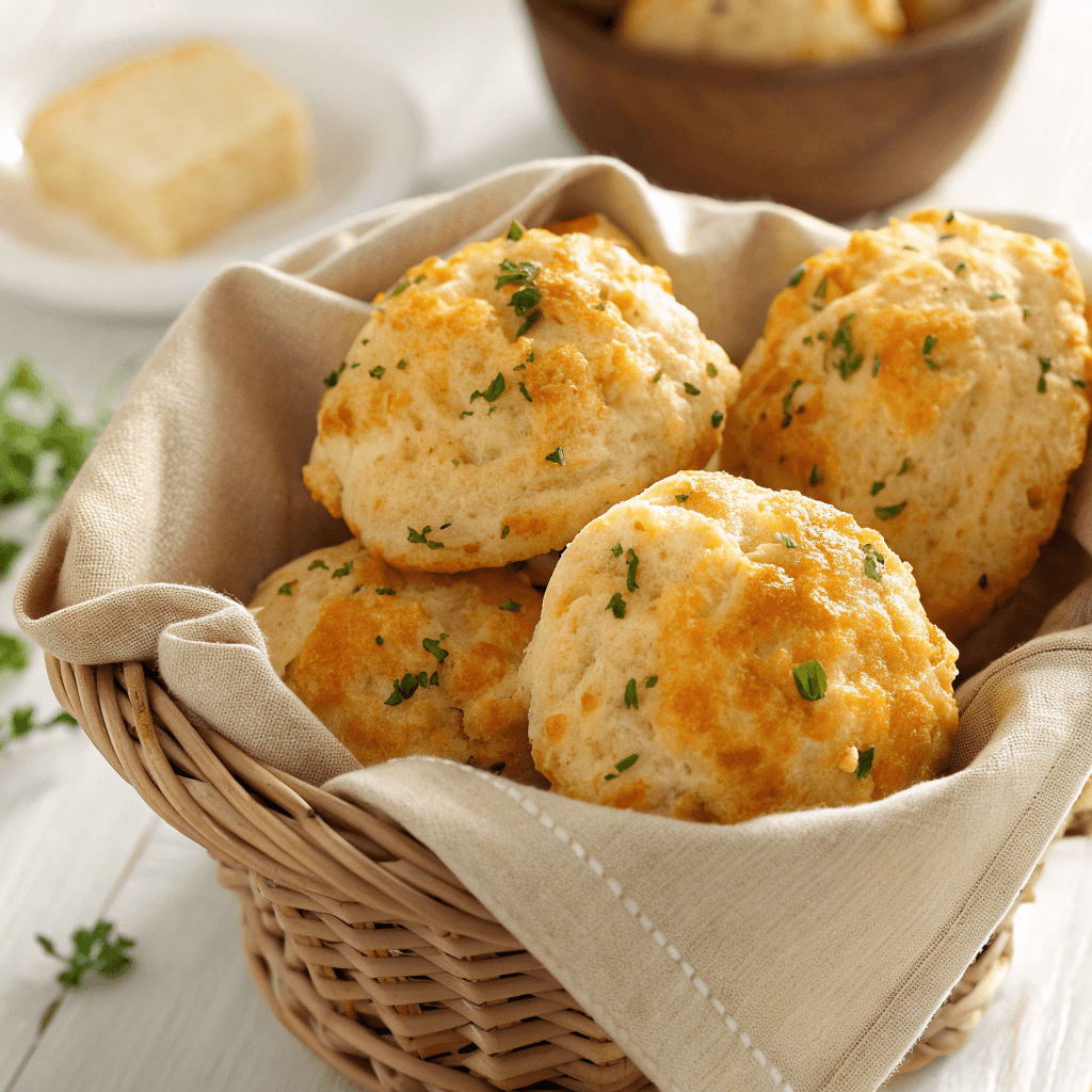 Golden cheddar bay biscuits with melted cheese and herbs in a cloth-lined basket.