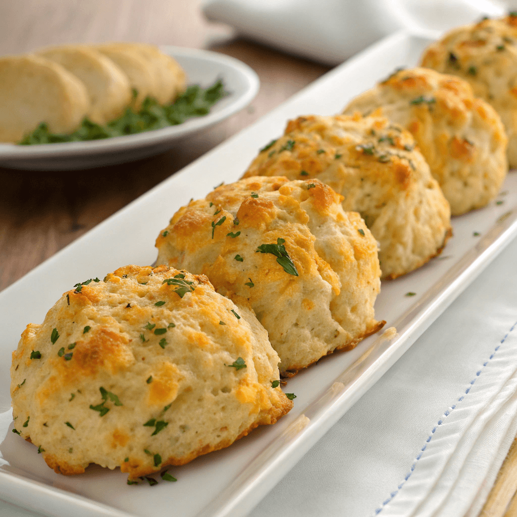 Cheddar bay biscuits on a serving plate showing melted cheese and herbs.