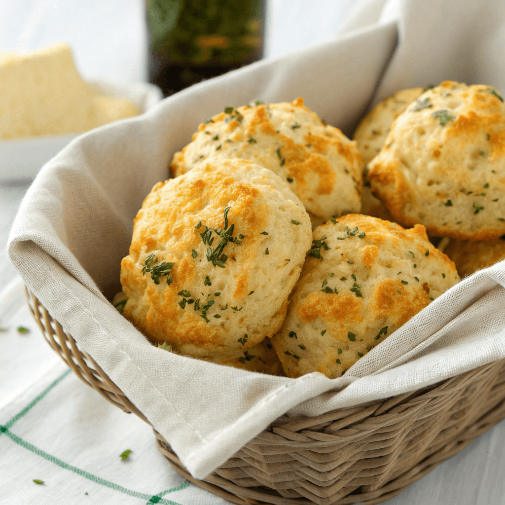 Cheddar bay biscuits shown from a slight angle with melted cheese and herbs.