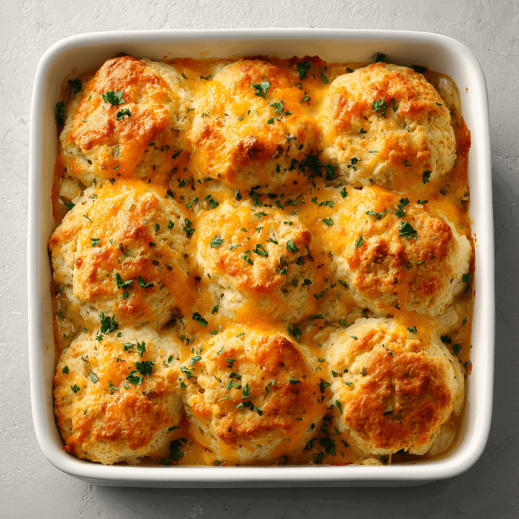 Cheddar Bay Chicken Cobbler – Creamy, Cheesy Comfort Bake 4 Cheddar Bay chicken cobbler with golden cheddar biscuits and parsley in a baking dish.
