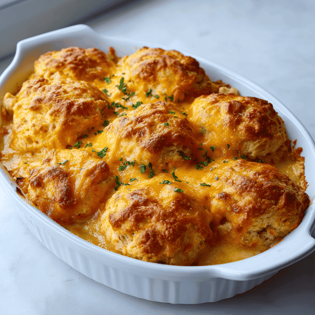 Cheddar Bay Chicken Cobbler – Creamy, Cheesy Comfort Bake 2 Cheddar Bay chicken cobbler with golden cheesy biscuits served on a clean surface.