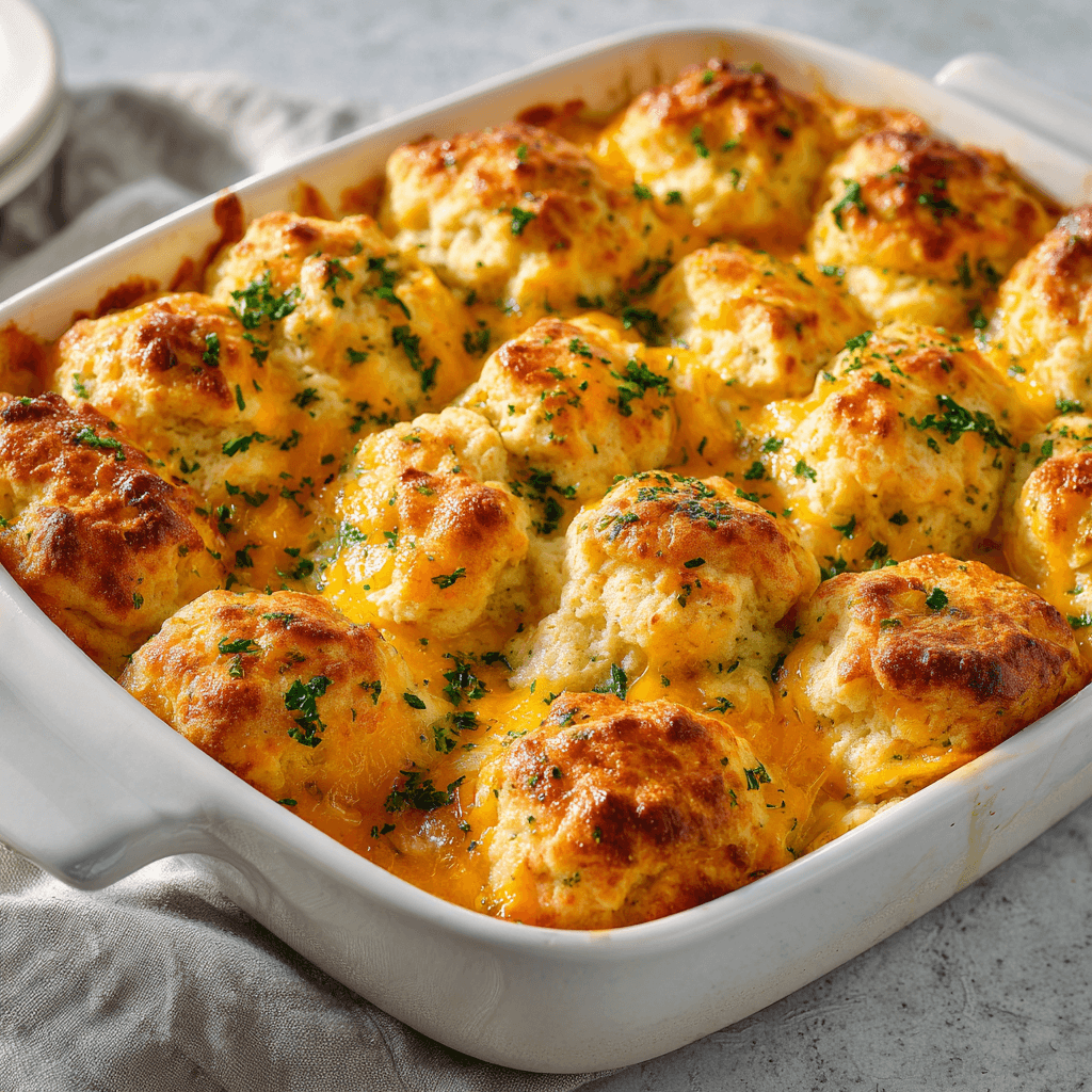 Cheddar Bay Chicken Cobbler – Creamy, Cheesy Comfort Bake 1 Slight-angle view of Cheddar Bay chicken cobbler with cheddar biscuits on top.