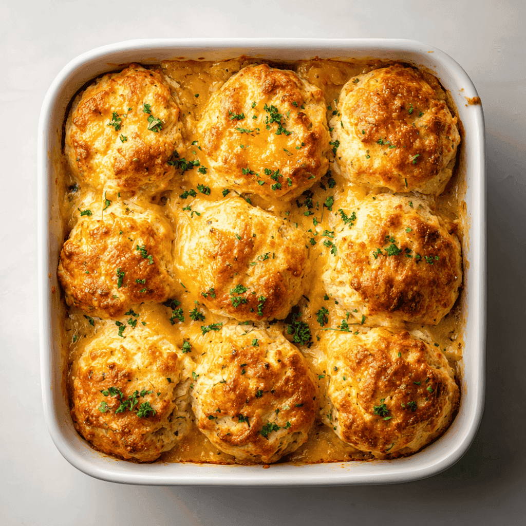 Cheddar Bay Chicken Cobbler – Creamy, Cheesy Comfort Bake 3 Finished Cheddar Bay chicken cobbler topped with melted cheddar and parsley.