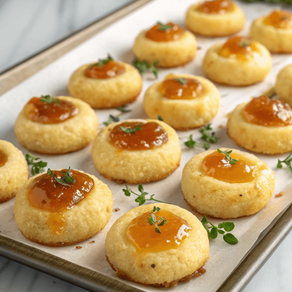 Golden cheesy thumbprint appetizers topped with amber jam and herbs on a serving tray.