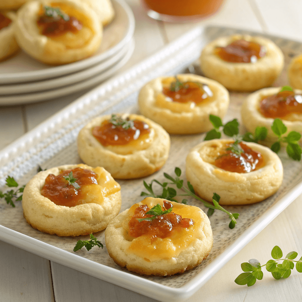 Cheesy thumbprint appetizers on a serving plate with jam centers and herb garnish.