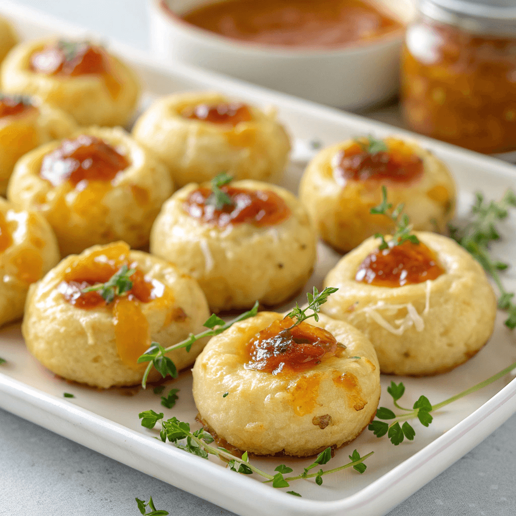 Cheesy thumbprint appetizers shown from a slight angle with jam centers and herbs.