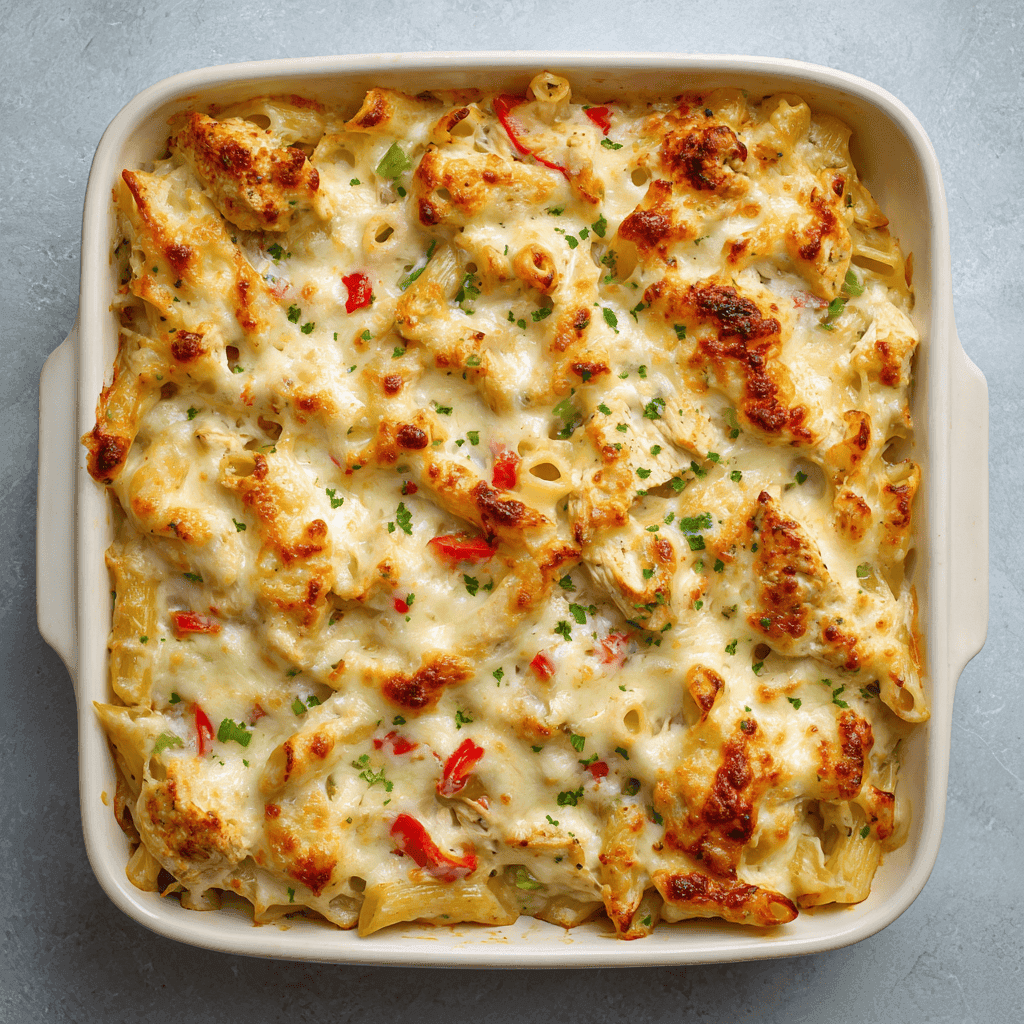 chicken alfredo baked ziti with melted cheese and golden edges in casserole dish
