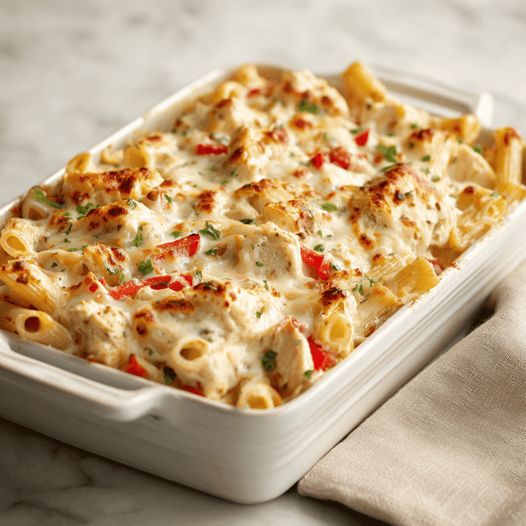 baked chicken alfredo ziti in dish showing pasta chicken and melted cheese