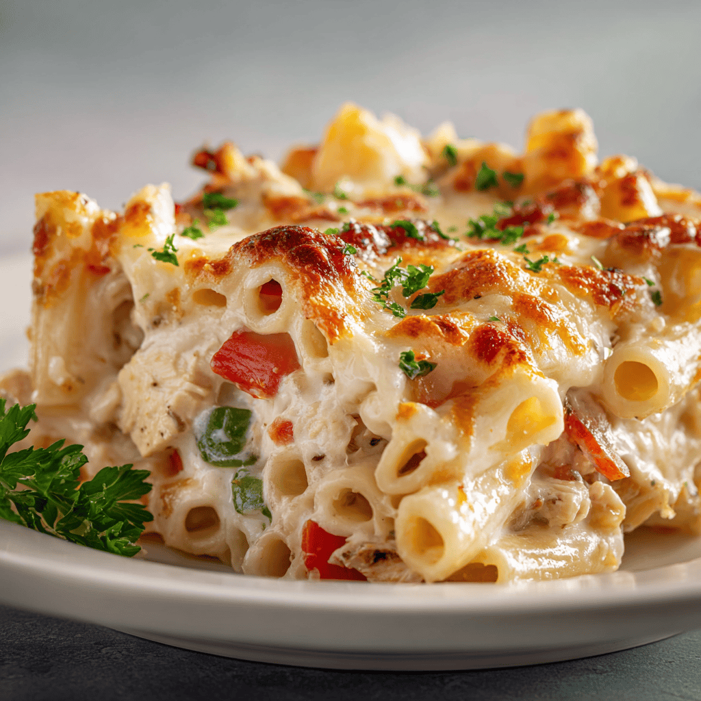 angled view of cheesy chicken alfredo baked ziti casserole