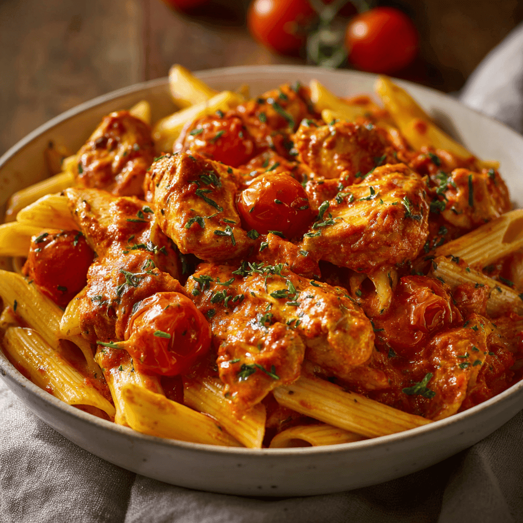 Chicken all’Arrabbiata pasta with penne, cherry tomatoes, and spicy tomato sauce in a bowl.