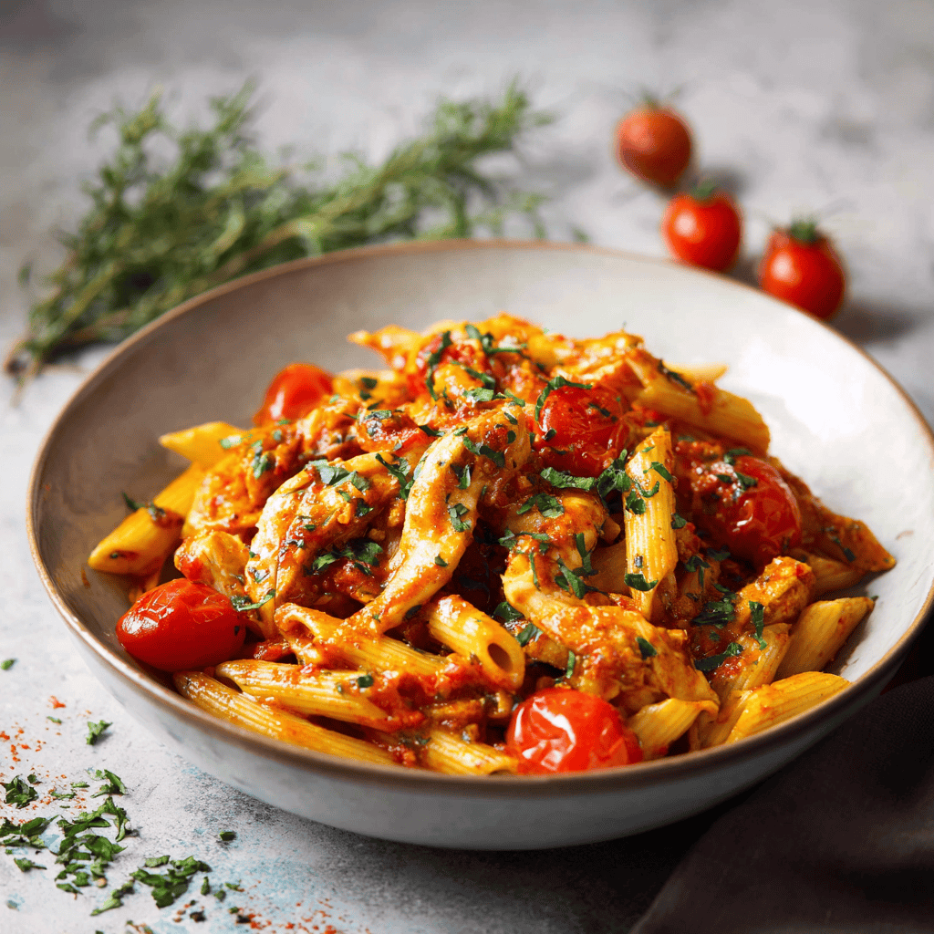 Top view of Chicken all’Arrabbiata pasta in a bowl.