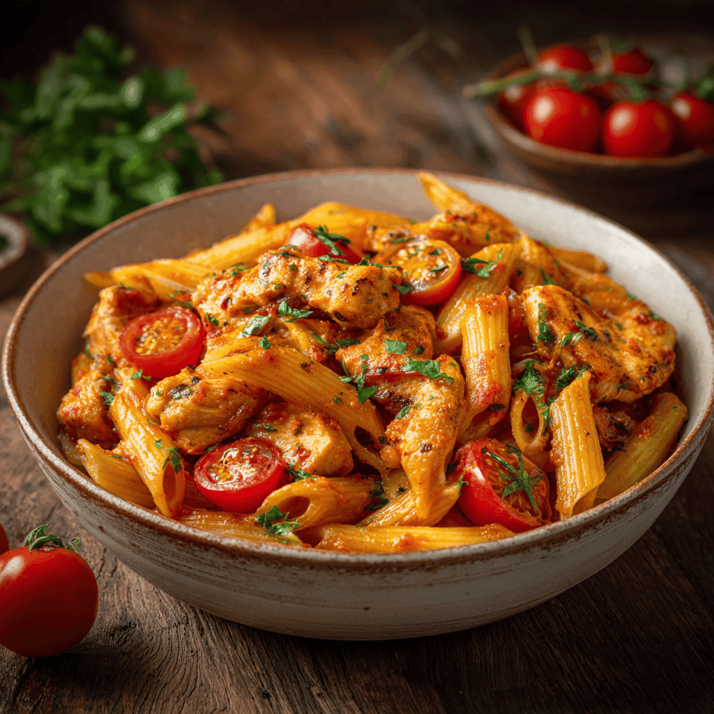 Slight-angle view of Chicken all’Arrabbiata pasta in a bowl.