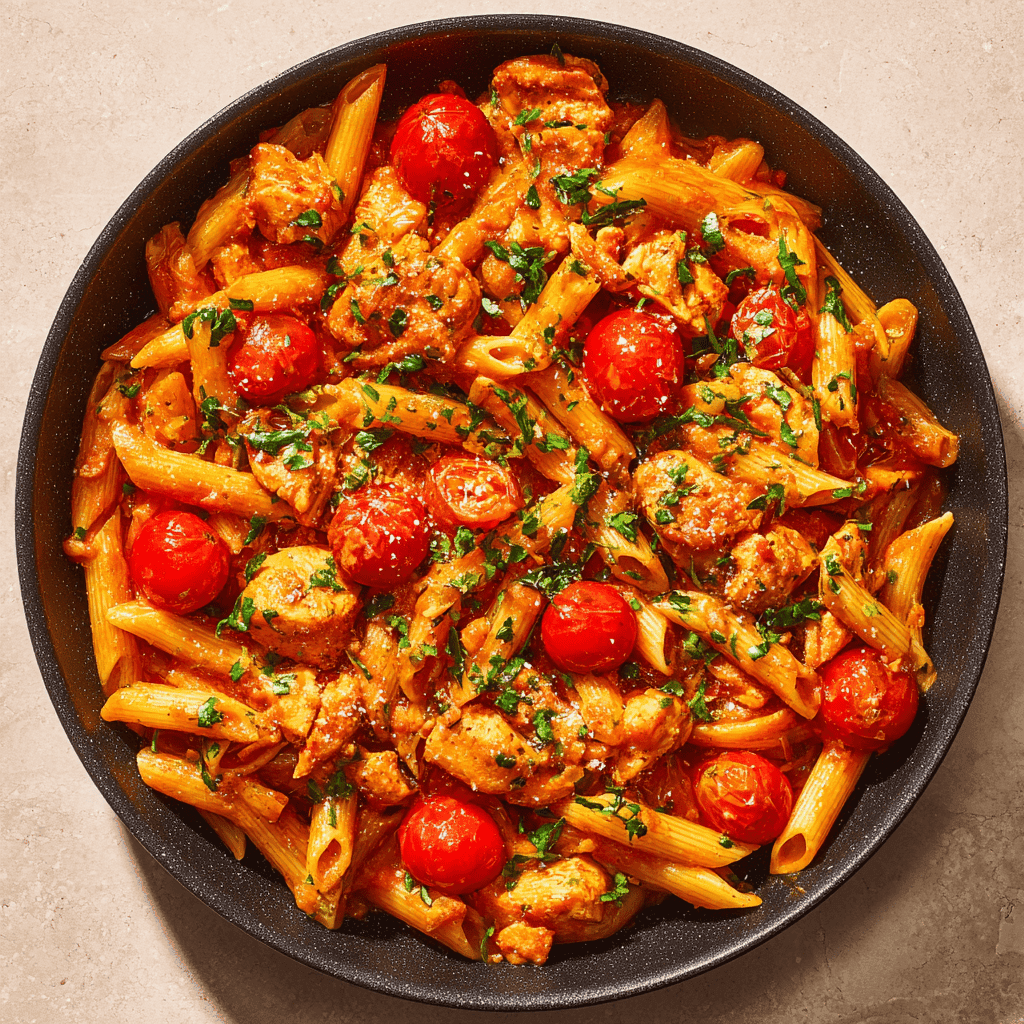 Chicken all’Arrabbiata pasta in a bowl on a rustic surface.