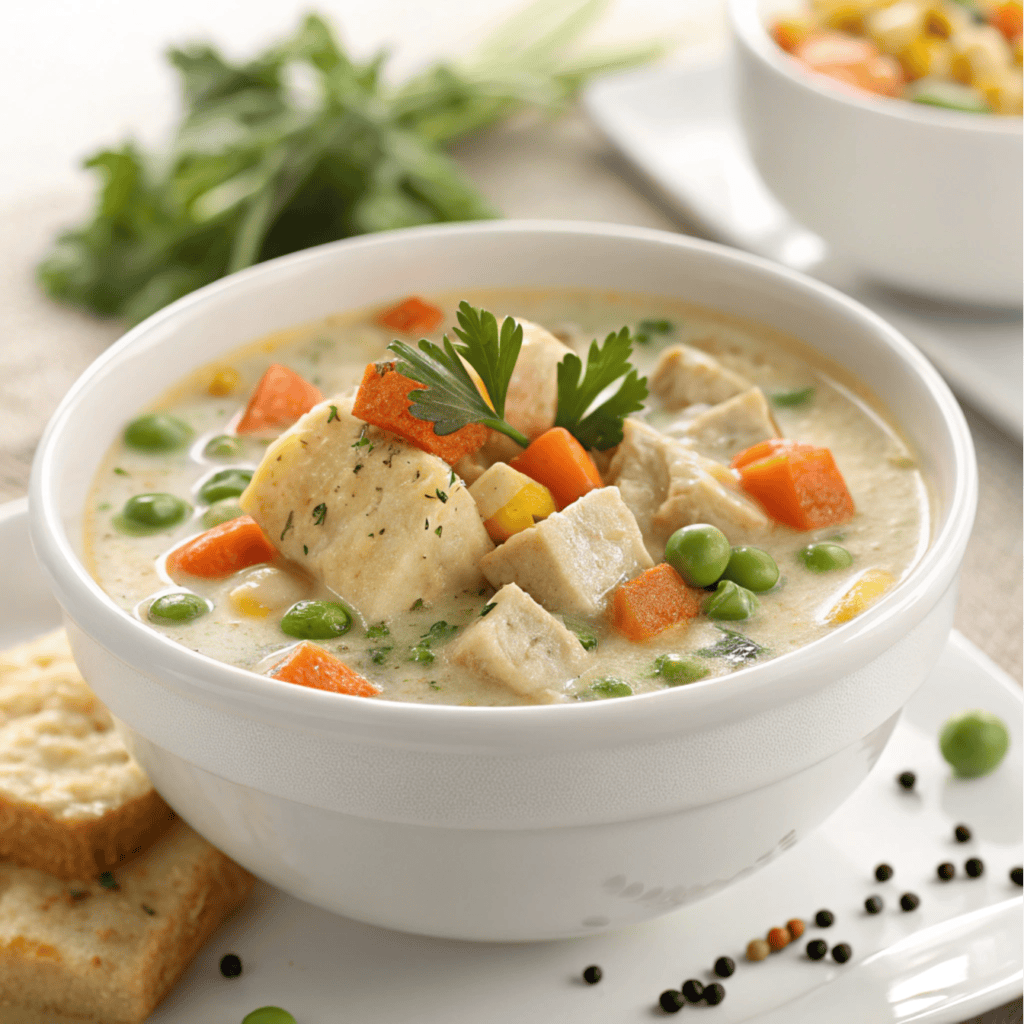 Creamy chicken pot pie soup with vegetables served in a white bowl.