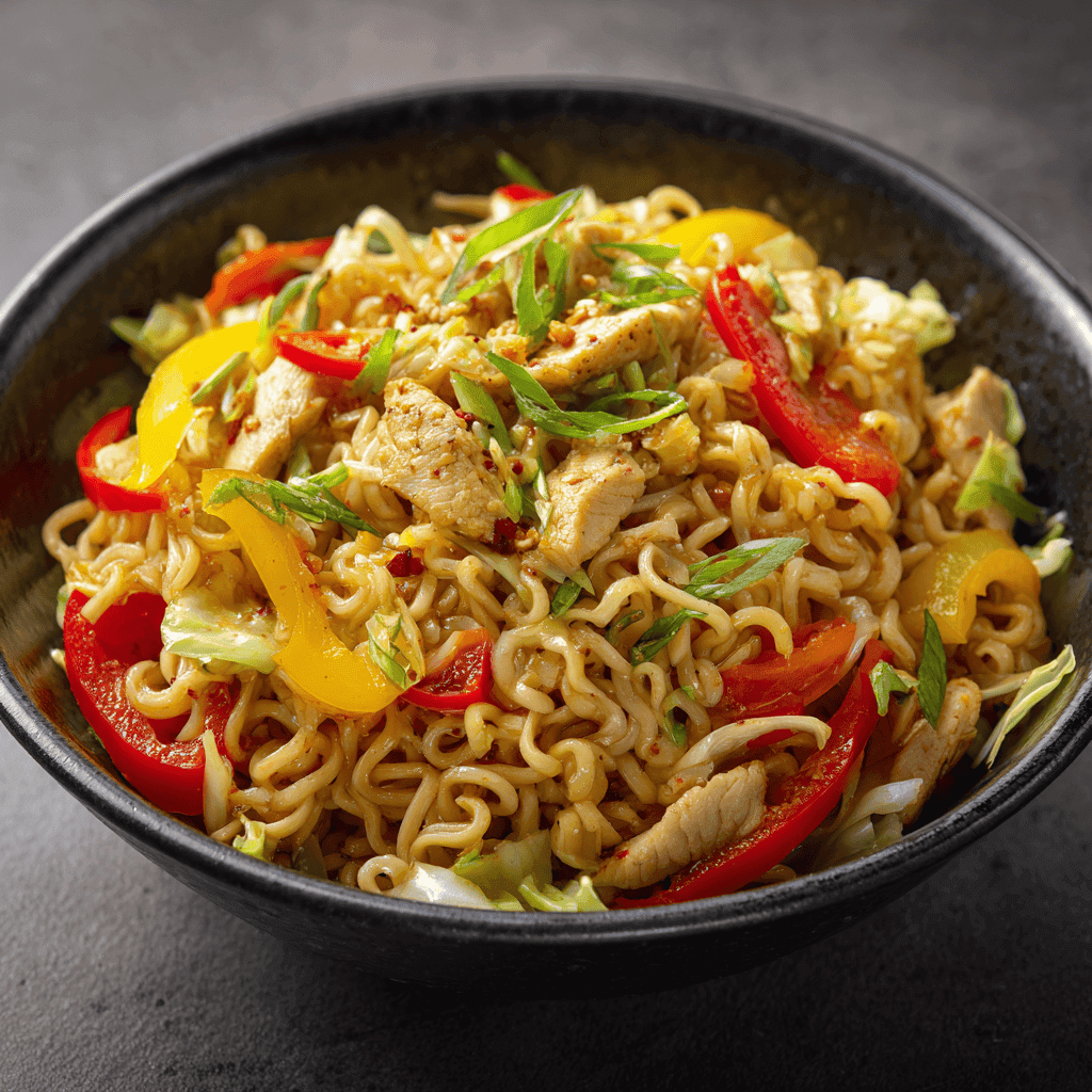 Chicken ramen stir fry with noodles, peppers, cabbage, and green onions in a dark bowl.