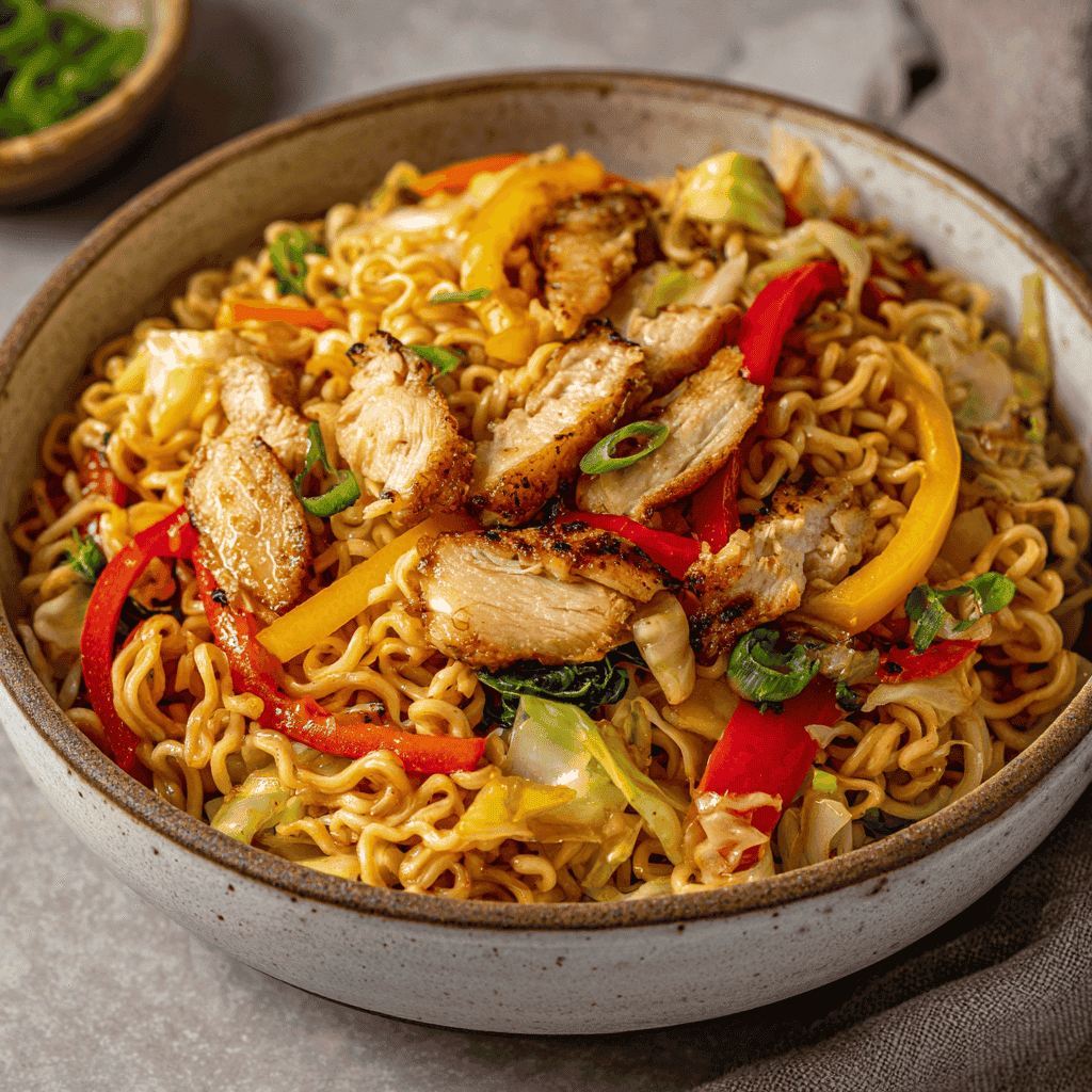 Chicken ramen stir fry in a bowl showing noodles, chicken, peppers, and cabbage.