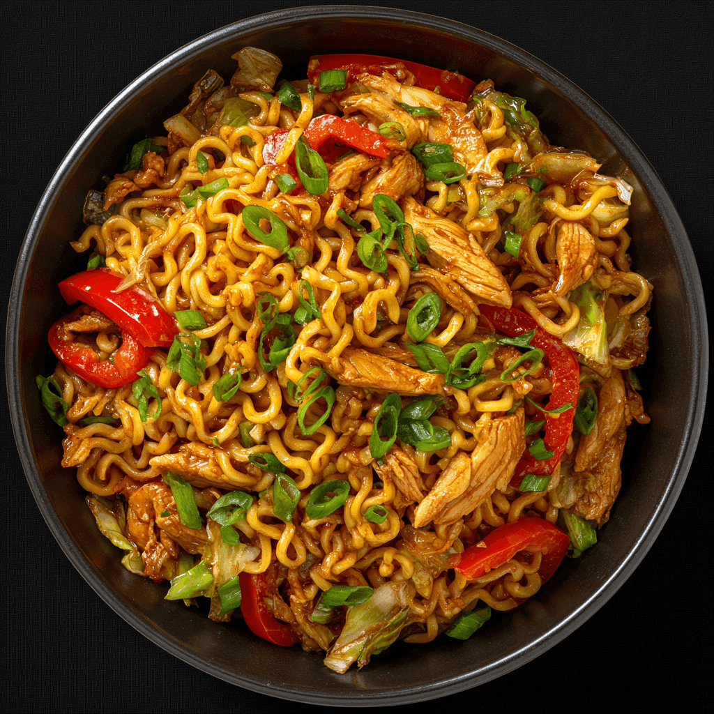 Top-view chicken ramen stir fry with noodles, peppers, and green onions.