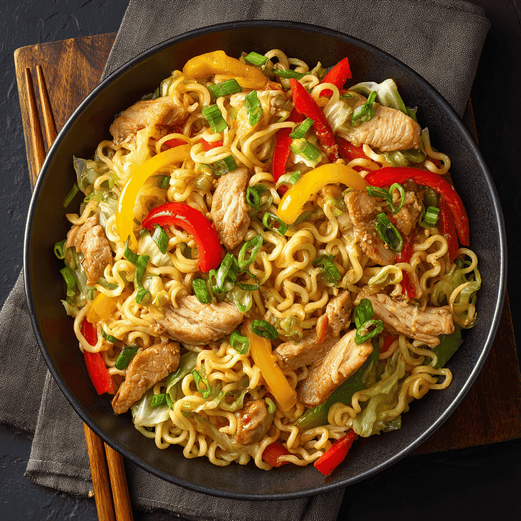 Angled view of chicken ramen stir fry with vegetables and glossy noodles.