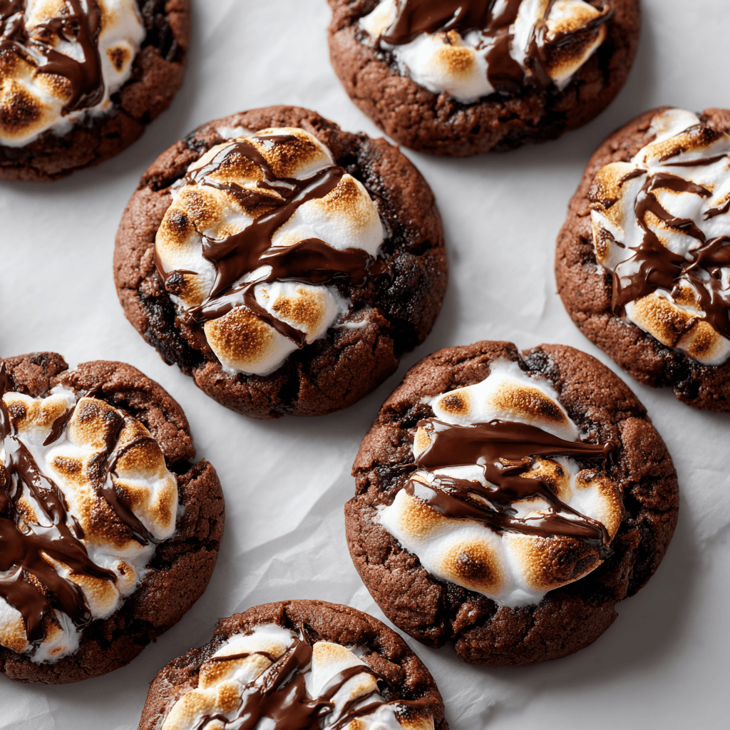 Chocolate cookies with melted chocolate and marshmallow swirls arranged on parchment paper.