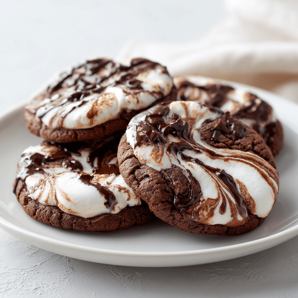 Chocolate marshmallow swirl cookies arranged on a white plate showing soft texture and glossy swirls.
