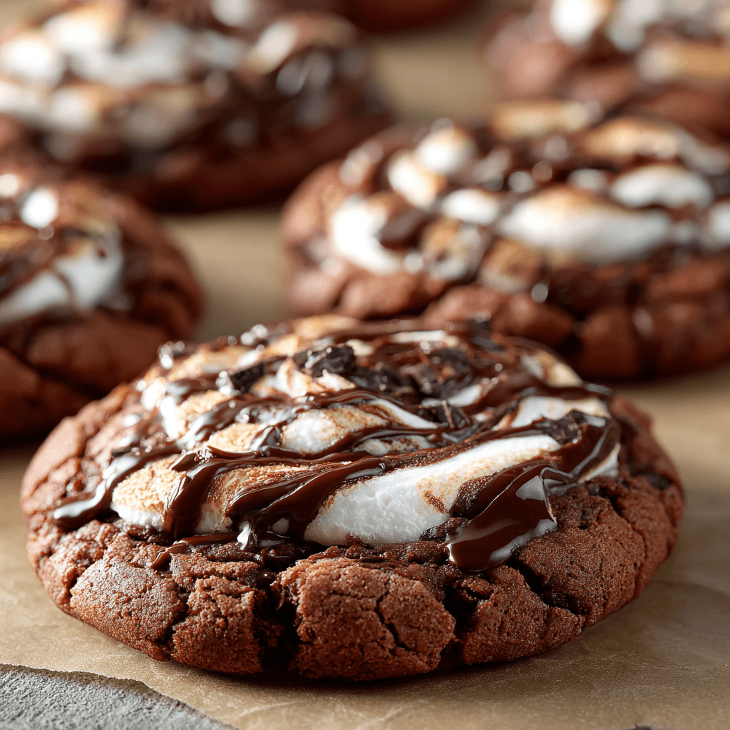 Close-up of freshly baked chocolate marshmallow swirl cookies displaying glossy chocolate and marshmallow.