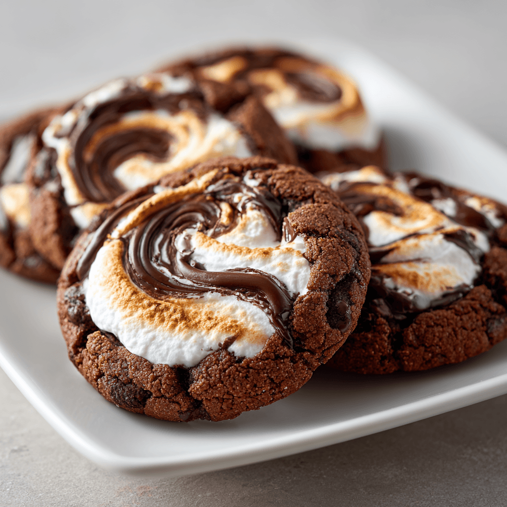 Soft chocolate cookies topped with swirled chocolate and marshmallow on a clean white background.