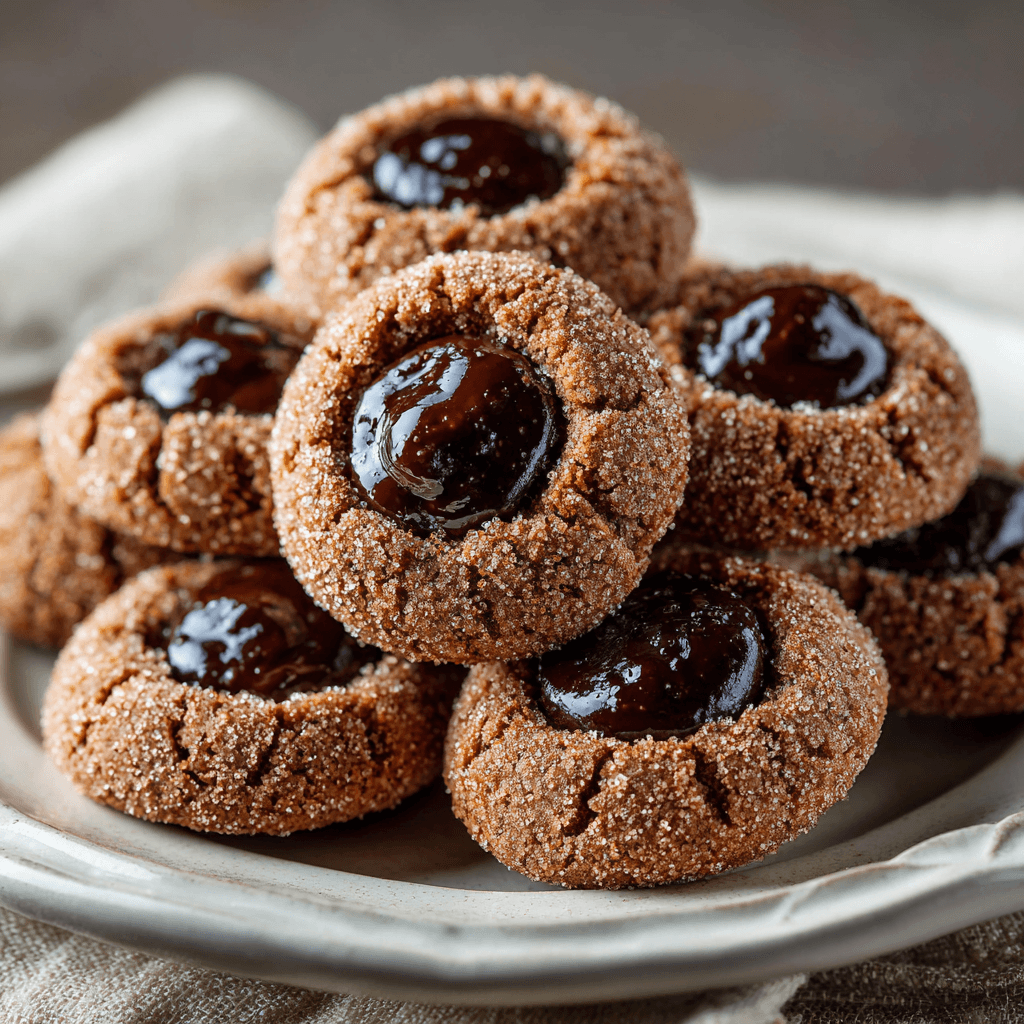Chocolate thumbprint cookies with glossy chocolate centers on a plate.