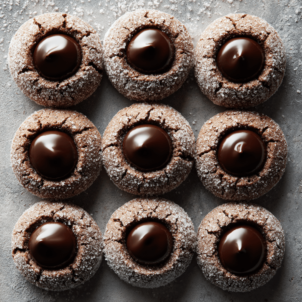 Chocolate thumbprint cookies displayed on a clean surface, ready to serve.