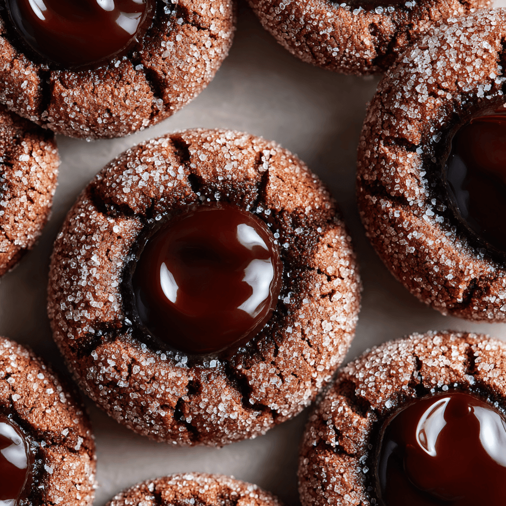 Finished chocolate thumbprint cookies with shiny chocolate centers.