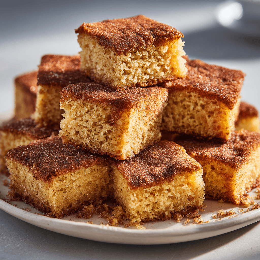 Cinnamon Sugar Blondies (Soft, Sweet & Buttery Perfection!) 4 Cinnamon sugar blondie squares with a golden crust on a plate with crumbs.