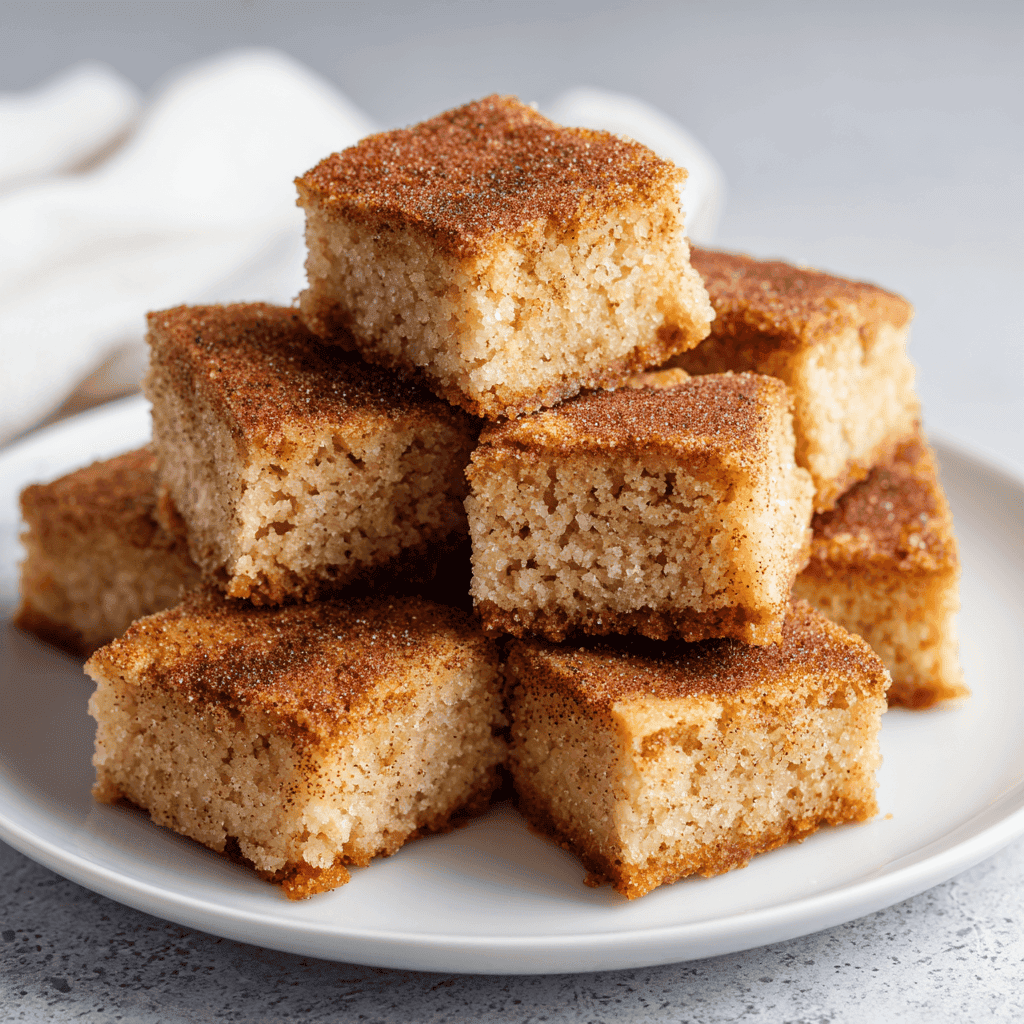 Cinnamon Sugar Blondies (Soft, Sweet & Buttery Perfection!) 2 Cinnamon sugar blondie squares on a white plate showing their soft texture and golden edges.