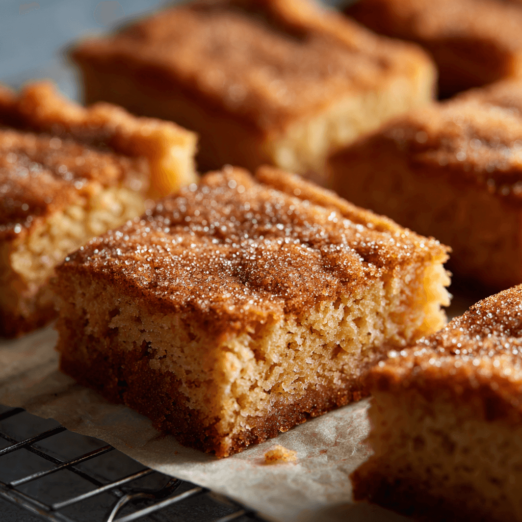 Cinnamon Sugar Blondies (Soft, Sweet & Buttery Perfection!) 3 Close-up of cinnamon sugar blondies with a crackly cinnamon topping and buttery crumb.