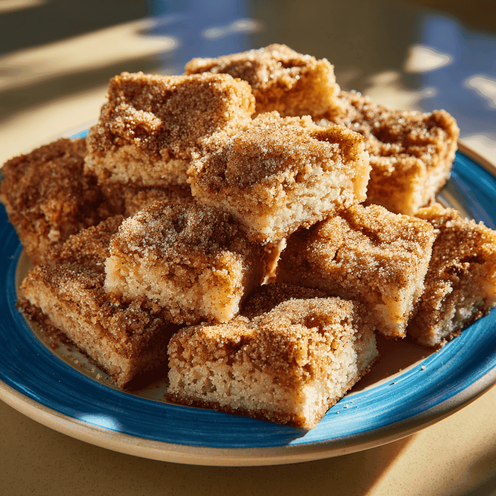 Cinnamon Sugar Blondies (Soft, Sweet & Buttery Perfection!) 1 Soft cinnamon sugar blondies with a crackly cinnamon top shown in warm natural light.