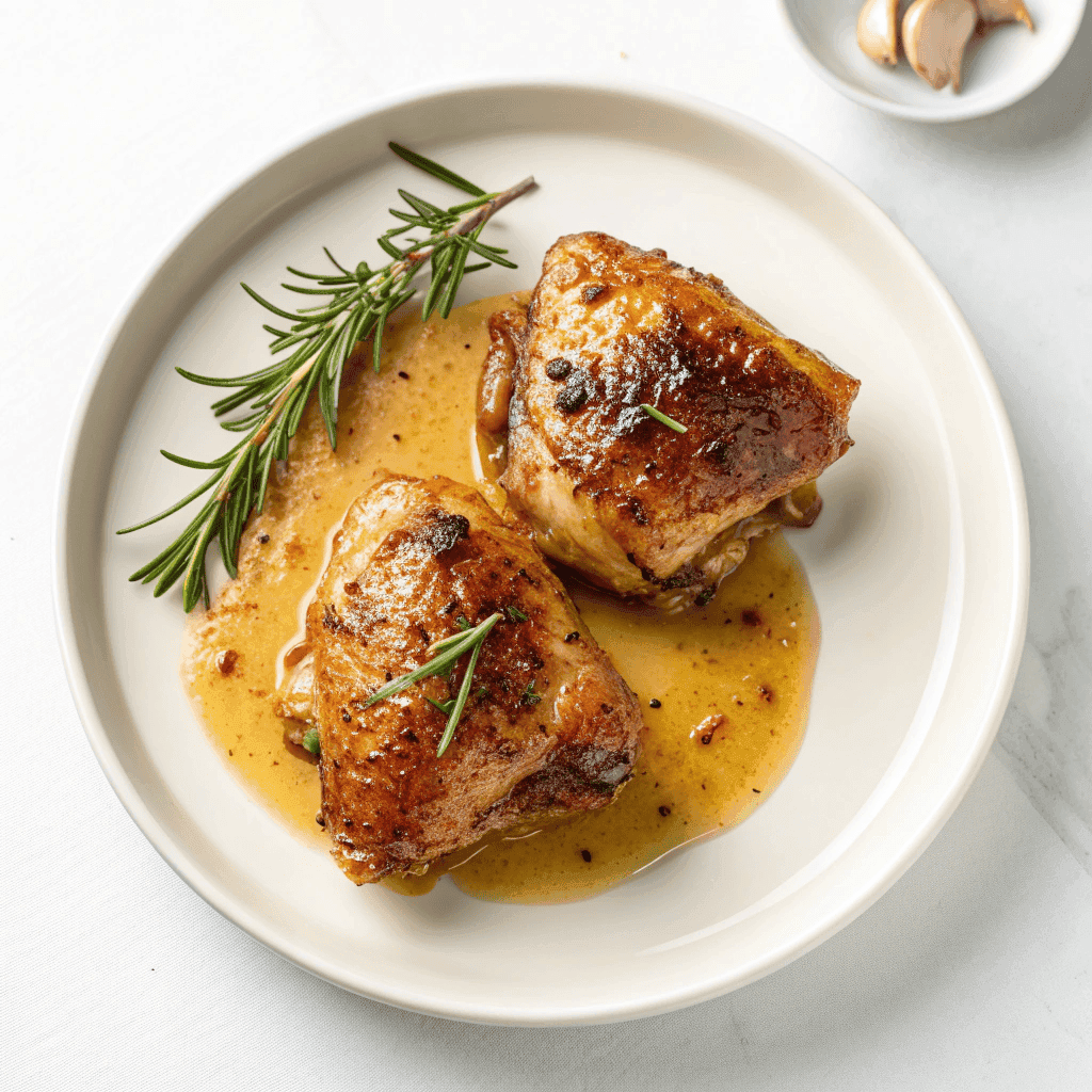 Minimal white plate baked honey dijon chicken with glossy mustard glaze and rosemary
