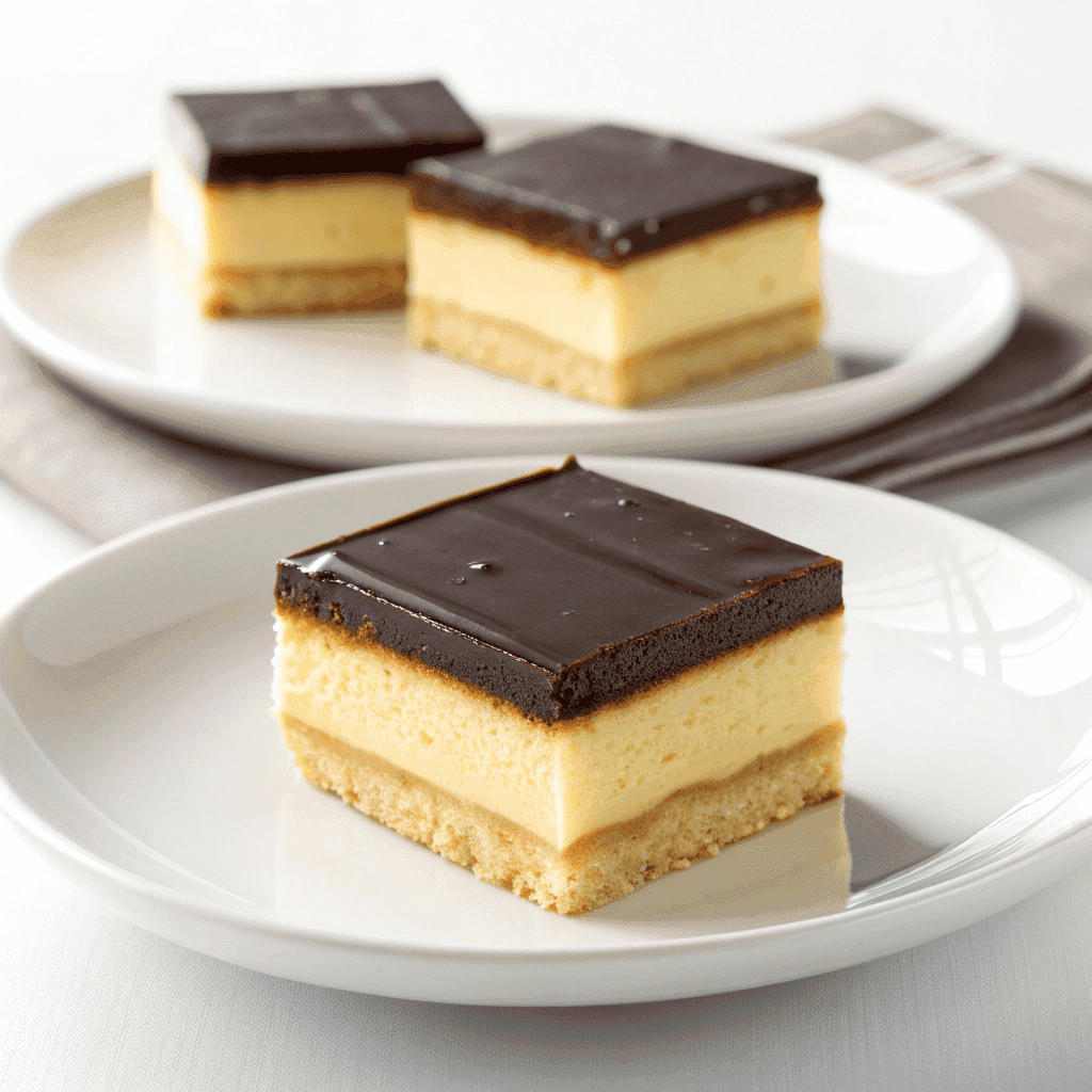 Minimal white plate with Boston cream pie fudge squares
