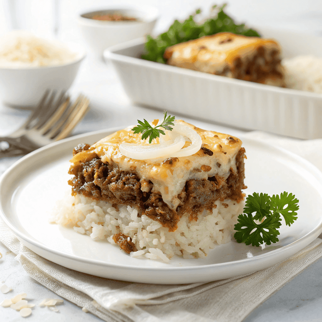 French onion ground beef and rice casserole with melted cheese and caramelized onions