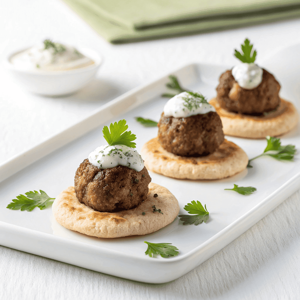 Lamb meatballs on flatbread with white sauce served on a white plate