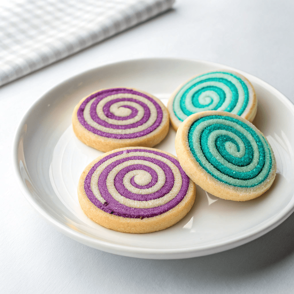 Minimal white plate of magical spiral cookies with colorful swirls