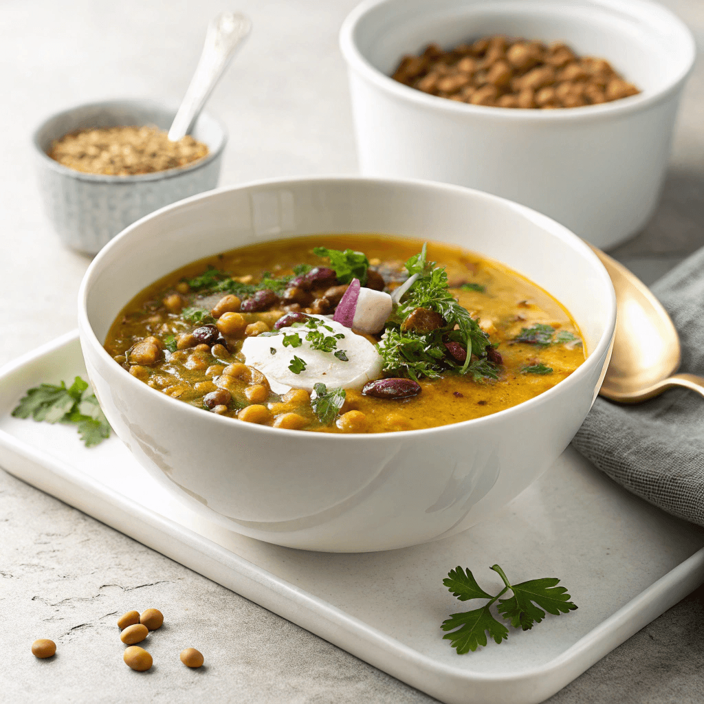 Minimal white bowl of Persian lentil soup with yogurt garnish