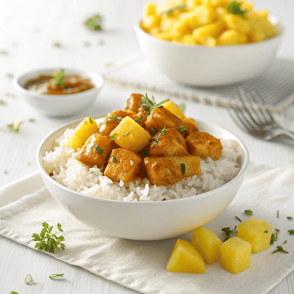 Minimal white bowl pineapple chicken and rice with glossy sauce and pineapple pieces