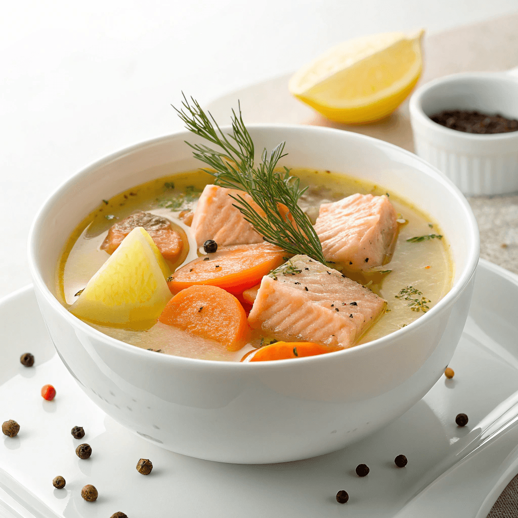 Easy Creamy Finnish Salmon Soup Recipe 1 Minimal white bowl of creamy salmon soup with dill and lemon